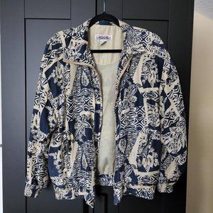 Kocal Vintage Abstract Blue Beige Art Pattern Collectible 100%Silk Bomber Jacket